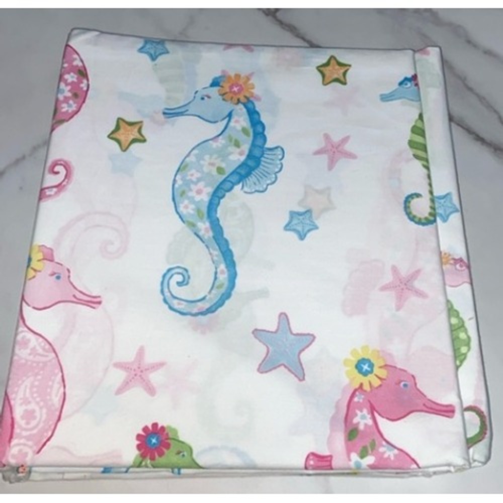 Pottery Barn Kids Flat Sheet Girl Full White Seahorse Starfish Coastal Beachy